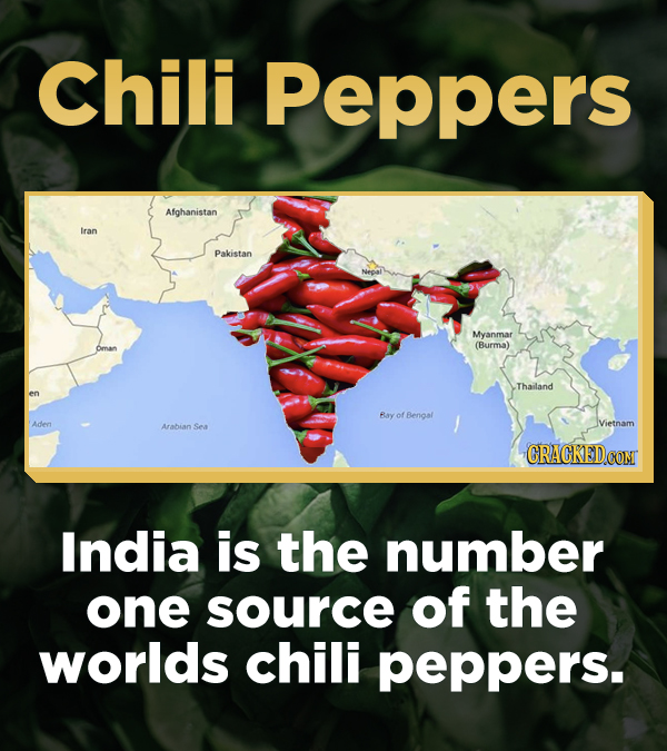 Chili Peppers Afghanistan Iran Pakistan Myanmar oman (Burma) Thailand en Bay of Bengal Aden Vietnam Arabian Sea India is the number one source of the