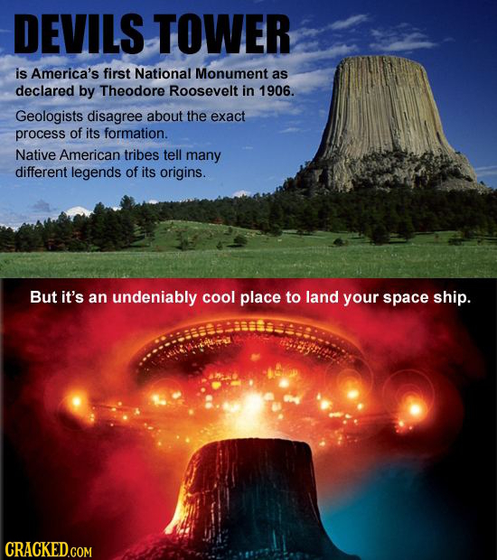 DEVILS TOWER is America's first National Monument as declared by Theodore Roosevelt in 1906. Geologists disagree about the exact process of its format