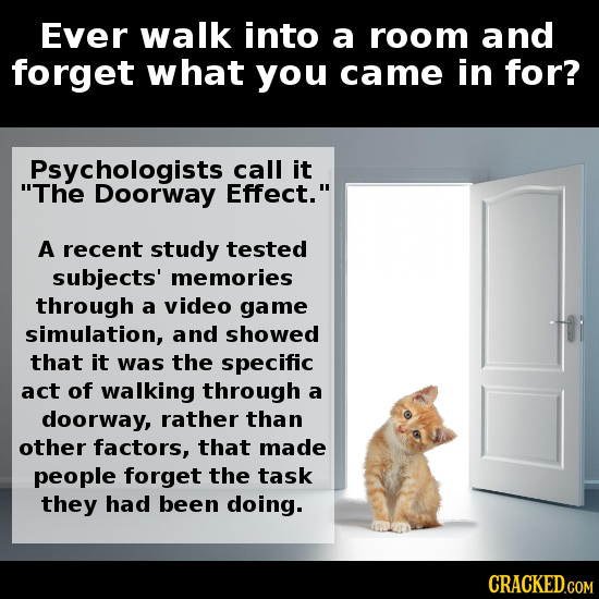Ever walk into a room and forget what you came in for? Psychologists call it The Doorway Effect. A recent study tested subjects' memories through a