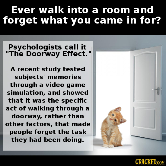 Ever walk into a room and forget what you came in for? Psychologists call it The Doorway Effect. A recent study tested subjects' memories through a 