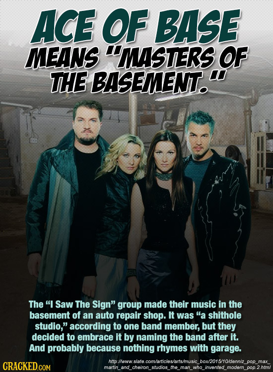 ACE OF BASE MEANS 'MASTERS OF THE BASEMENT. 0 The I Saw The Sign group made their music in the basement of an auto repair shop. It was a shithole
