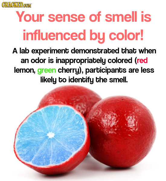 GRACKEDOOM Your sense of smell is influenced by color! A lab experiment demonstrated that when an odor is inappropriately colored (red lemon, green ch