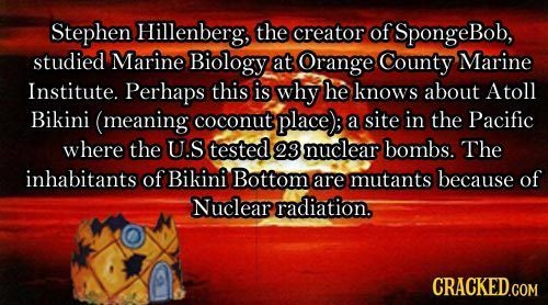 Stephen Hillenberg, the creator of SpongeBob, studied Marine Biology at Orange County Marine Institute. Perhaps this is why he knows about Atoll Bikin