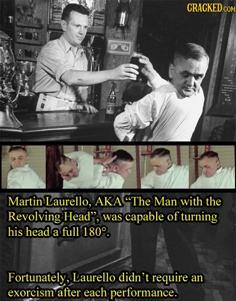 CRACKEDCON Martin Laurello, AKA The Man with the Revolving Head, was capable of turning his head a full 180% Fortunately, Laurello didn't require an