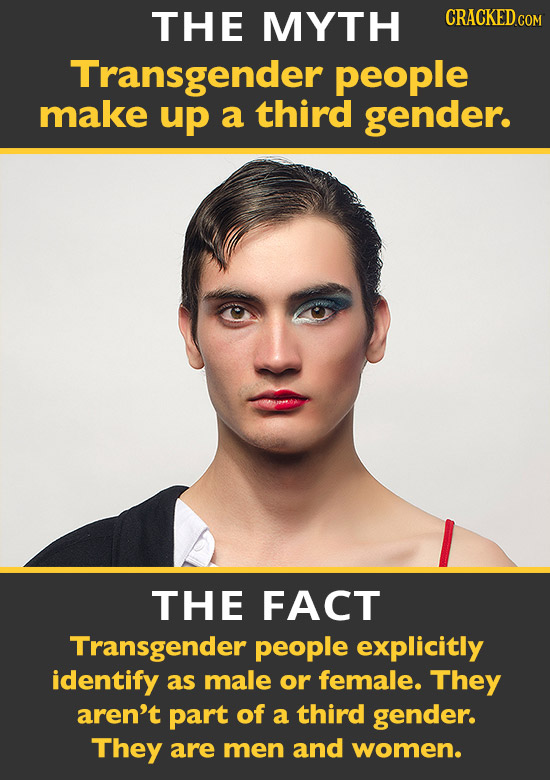 THE MYTH Transgender people make up a third gender. THE FACT Transgender people explicitly identify as male or female. They aren't part of a third gen