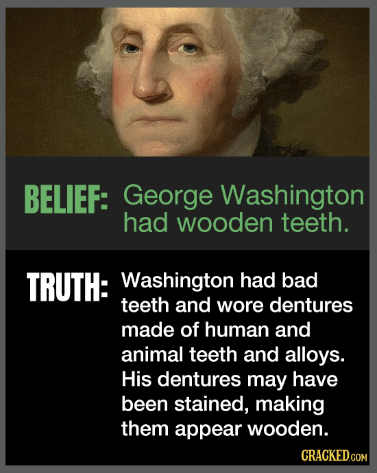 BELIEF: George Washington had wooden teeth. TRUTH: Washington had bad teeth and wore dentures made of human and animal teeth and alloys. His dentures