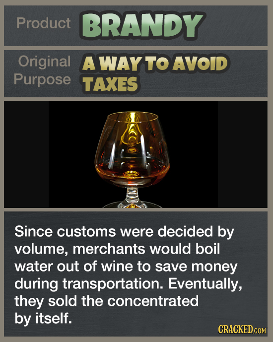 Product BRANDY Original A WAY TO AVOID Purpose TAXES Since customs were decided by volume, merchants would boil water out of wine to save money during