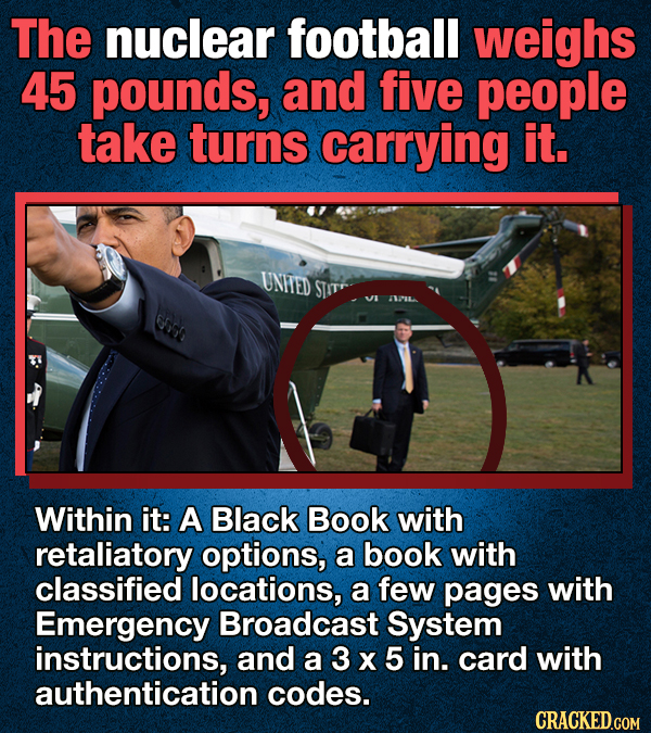 The nuclear football weighs 45 pounds, and five people take turns carrying it. Within it: A Black Book with retaliatory options,