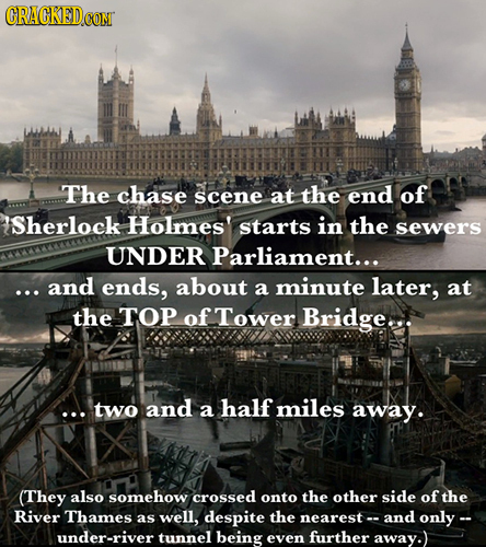 The chase scene at the end of ISherlock Holmes' starts in the sewers UNDER Parliament... ... and ends, about a minute later, at the TOP of Tower Bridg