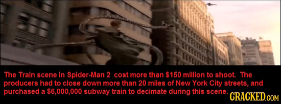 The Train scene in Spider-Man 2 cost more than $150 million to shoot The producers had to close down more than 20 miles of New York City streets, and