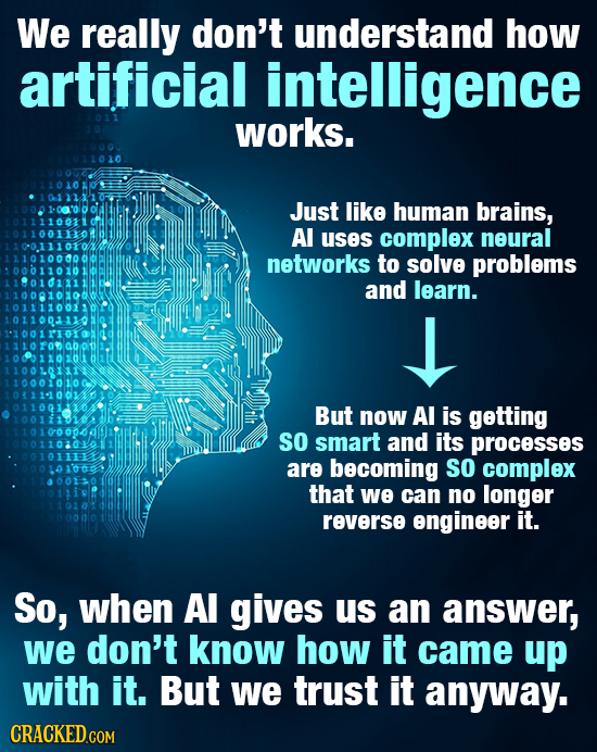 We really don't understand how artificial intelligence works. Just like human brains, Al uses complex neural networks to solve problems and learn. But now Al is getting SO smart and its processes are becoming SO complex that we can no longer reverse engineer it. So, when Al gives us an