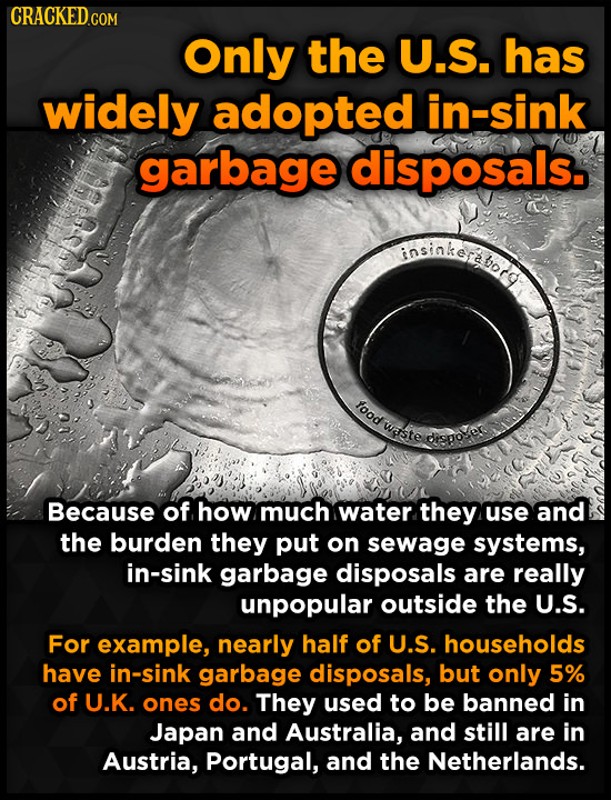 CRACKED COM Only the U.S. has widely adopted in-sink garbage disposals. insiakereo food warste Because of how much water they use and the burden they