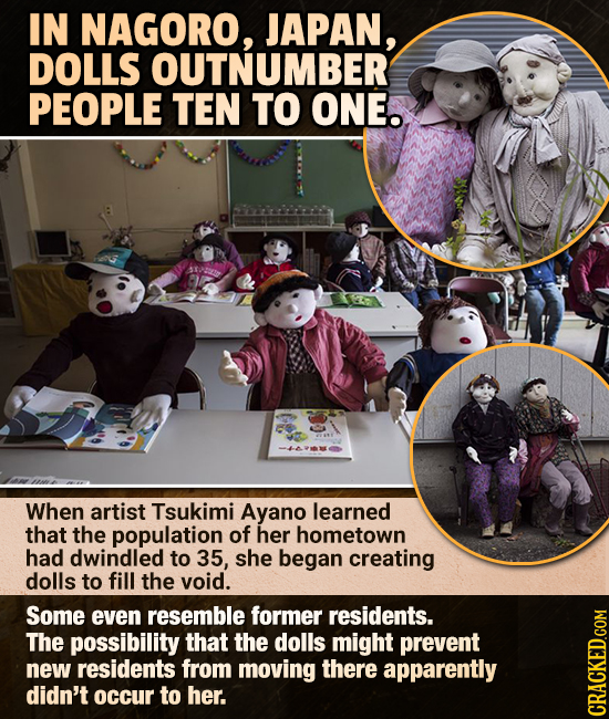 IN NAGORO, JAPAN, DOLLS OUTNUMBER PEOPLE TEN TO ONE. When artist Tsukimi Ayano learned that the population of her hometown had dwindled to 35, she beg