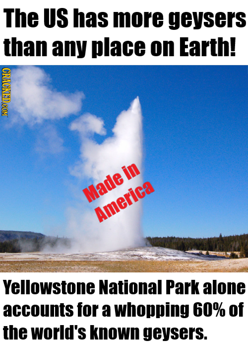 The US has more geysers than any place on Earth! in Made America Yellowstone National Park alone accounts for a whopping 60% of the world's known geys