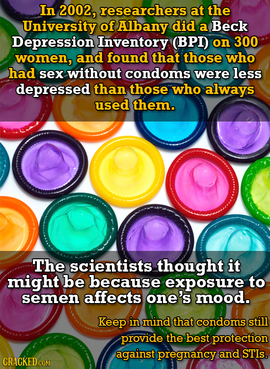 In 2002, researchers at the University of Albany did a Beck Depression Inventory (BPI) on 300 women, and found that those who had sex without condoms