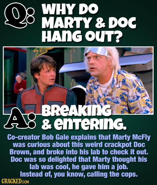WHY DO MARTY & DOC HAng OUT? Ag BREAKING & entering. Co-creator Bob Gale explains that Marty McFly was curious about this weird crackpot Doc Brown, an