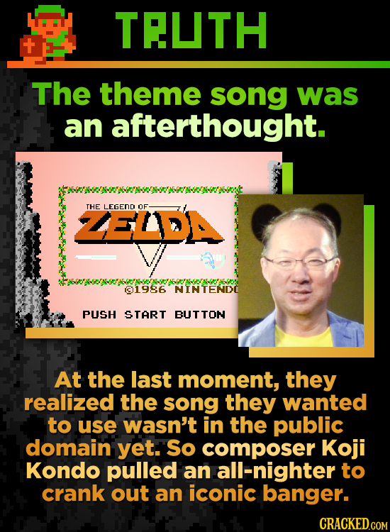 TEUTH The theme song was an afterthought. ZELDA THE LEGEND OF 01986 NINTENDC PUSH START BUTTON At the last moment, they realized the song they wanted