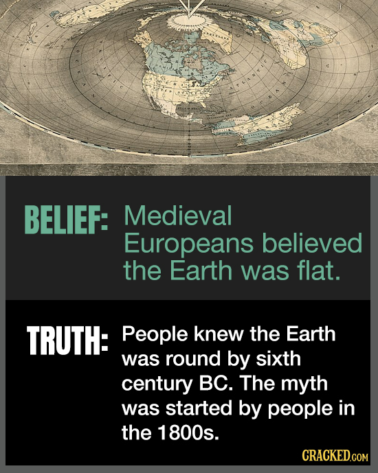 BELIEF: Medieval Europeans believed the Earth was flat. TRUTH: People knew the Earth was round by sixth century BC. The myth was started by people in