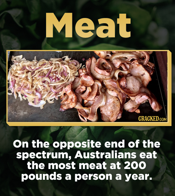 Meat CRACKED.CON On the opposite end of the spectrum, Australians eat the most meat at 200 pounds a person a year.