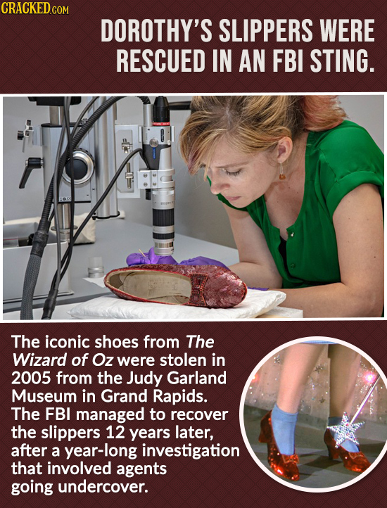 DOROTHY'S SLIPPERS WERE RESCUED IN AN FBI STING. The iconic shoes from The Wizard of Oz were stolen in 2005 from the Judy Garland Museum in Grand Rapi