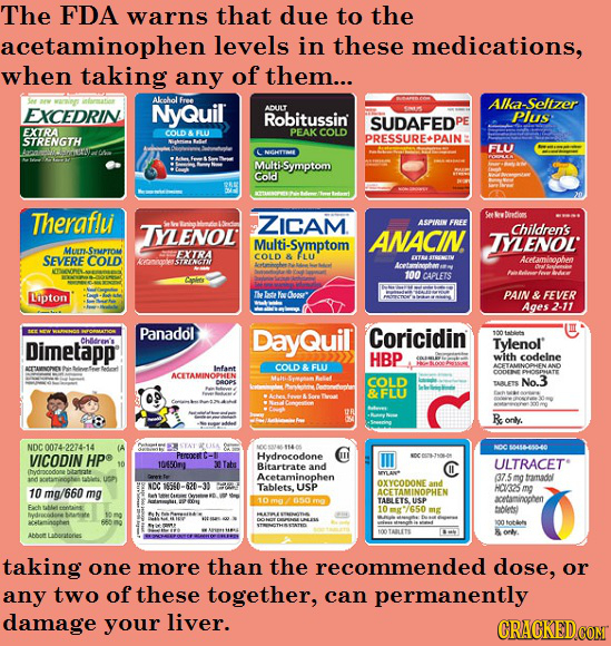 The FDA warns that due to the acetaminophen levels in these medications, when taking any of them... Alcoholl EXCEDRIN NyQUiL Ika-Seltzer ADUILT Robitu