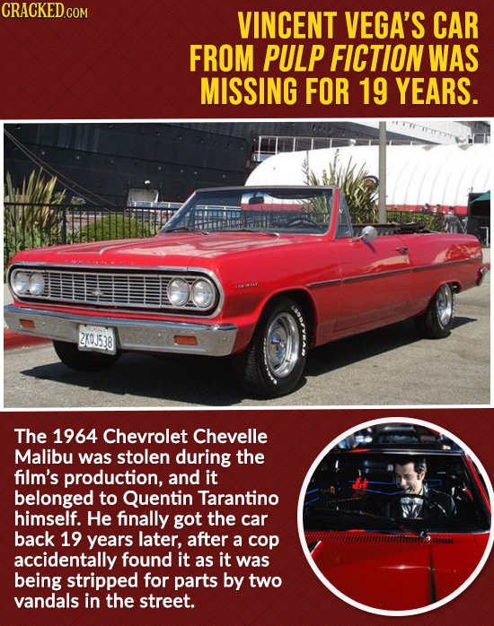 CRACKED.COM VINCENT VEGA'S CAR FROM PULP FICTION WAS MISSING FOR 19 YEARS. 2X0J538 The 1964 Chevrolet Chevelle Malibu was stolen during the film's pro