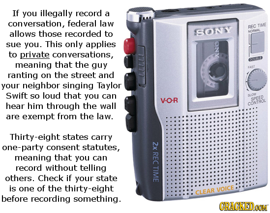 If you illegally record a conversation, federal law REC TIME allows those recorded to SONSY NORMAL sue you. This only applies D to private versations,