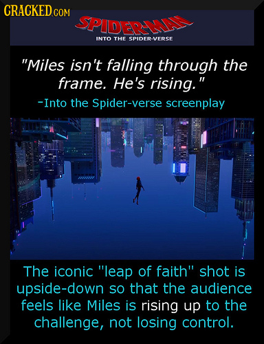 CRACKED.COM SPIDERA INTO THE SPIDER-VERSE Miles isn't falling through the frame. He's rising. -Into the Spider-verse screenplay The iconic leap of