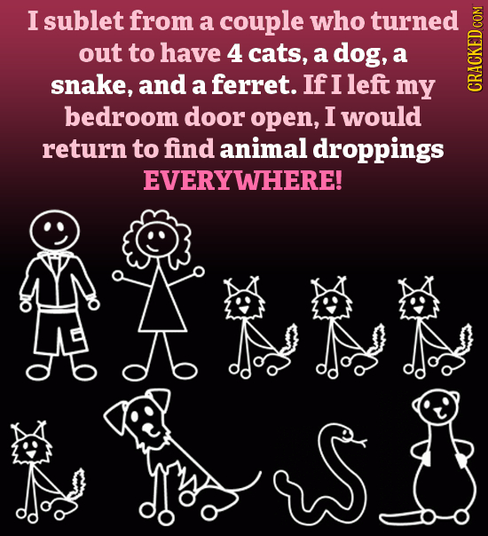 I sublet from a couple who turned out to have 4 cats, a dog, a snake, and a ferret. If I left my CRACK bedroom door open, I would return to find anima