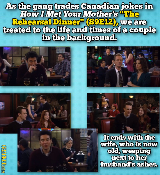 As the gang trades Canadian jokes in How I Met Your Mother's The Rehearsal Dinner (S9E12), we are treated to the life and times of a couple in the b