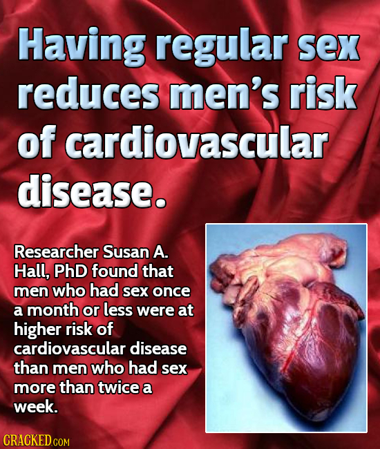 Having regular sex reduces men's risk of cardiovascular disease. Researcher Susan A. Hall, PHD found that men who had sex once a month or less were at