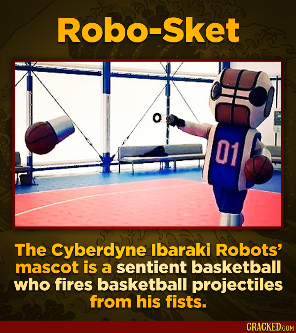 Robo-Sket 01 The Cyberdyne lbaraki Robots' mascot is a sentient basketball who fires basketball projectiles from his fists.