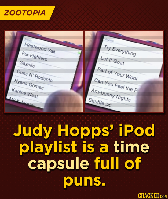 ZOOTOPIA Fleetwood Try Yak Everything Fur Fighters Let It Gazelle Goat Part Guns of N Your Rodents Wool Hyena Can Gomez You Feel Kanine the Ara-bunny