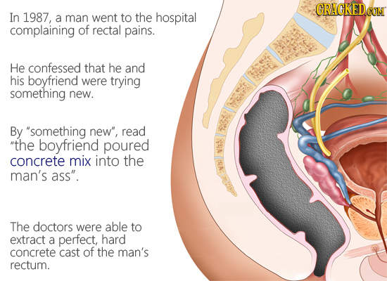 GRACKEDCON In 1987, a man went to the hospital complaining of rectal pains. He confessed that he and his boyfriend were trying something new. By some