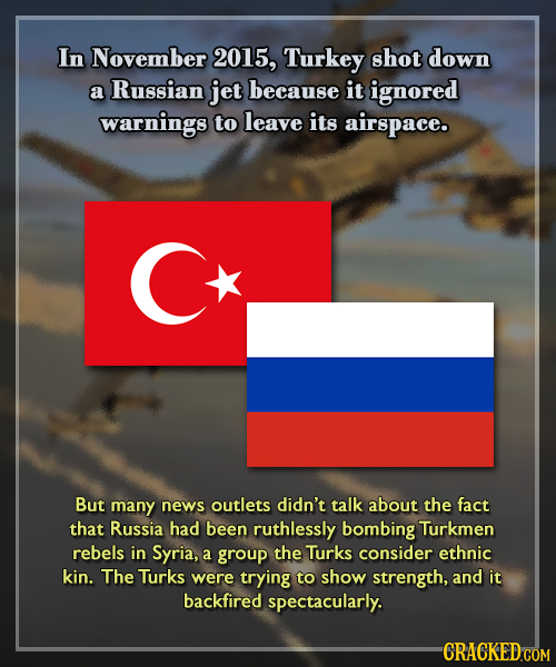 In November 2015, Turkey shot down a Russian jet because it ignored warnings to leave its airspace. But many news outlets didn't talk about the fact t