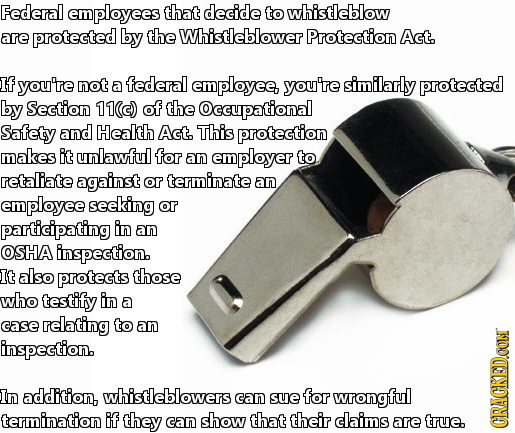 Federal employees that decide to whistleblow are protected by the Whistleblowerl Protection Agt. If you're not a federal employee. you're similarly pr
