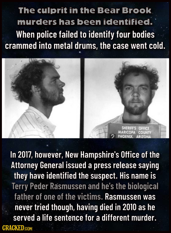 The culprit in the Bear Brook murders has been identified. When police failed to identify four bodies crammed into metal drums, the case went cold. SH