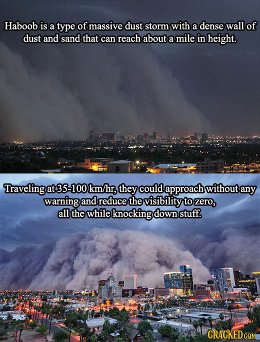 Haboob is a type of massive dust storm with a dense wall of dust and sand that can reach about a mile in height Traveling at 35-100 km/hr, they could