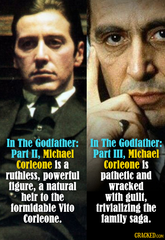 In The Godfather: In The Godfather: Part l, Michael Part Ill, Michael Corleone is a Corleone is ruthless, powerful pathetic and figure, a natural wrac