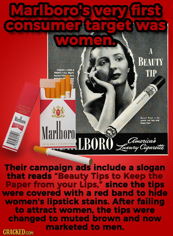 Marlboro's very first consumer target was women. A Beauty TODAY-FORA TIP TREAT-trY Merl. borest Ont few Bennes di ARLBORO llarlbom CRITID Marlboro Cnp