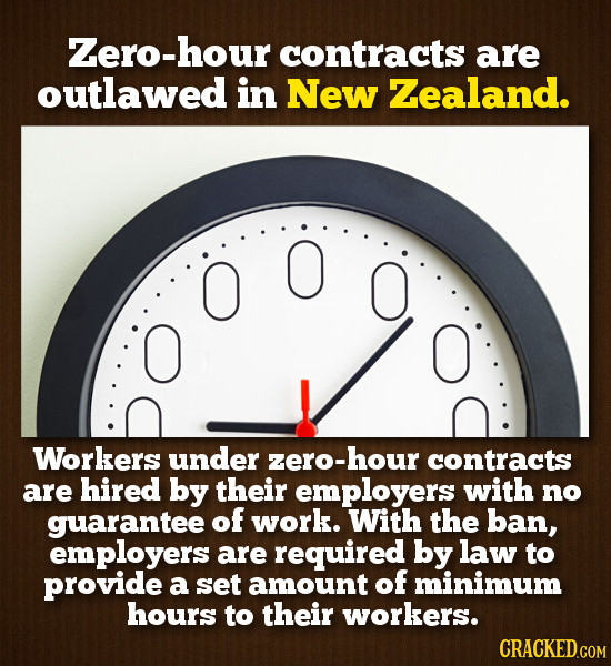 Zero-hour contracts are outlawed in New Zealand. O O O Workers under zero-hour contracts are hired by their employers with no guarantee of work. With