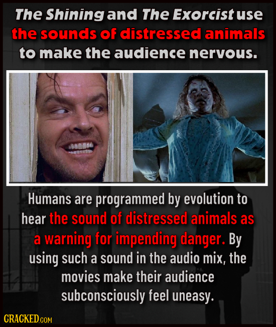 The Shining and The Exorcist use the sounds of distressed animals to make the audience nervous. 000066 Humans are programmed by evolution to hear the