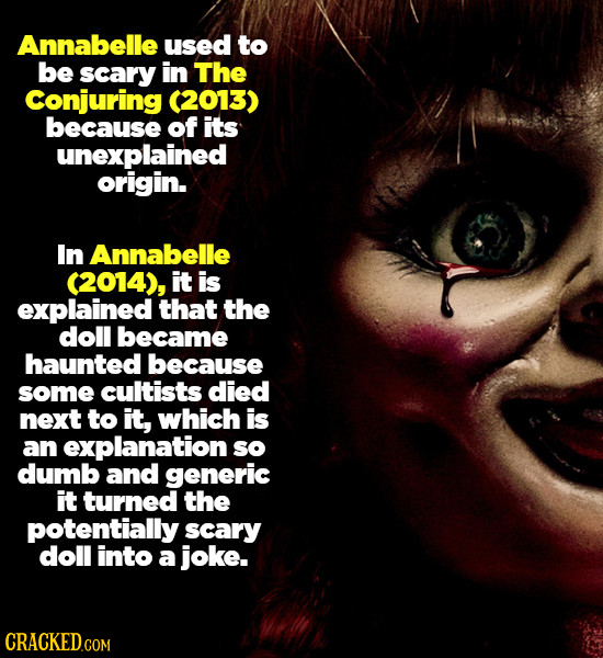 Annabelle used to be scary in The Conjuring (2013) because of its unexplained origin. In Annabelle (2014), it is explained that the doll became haunte