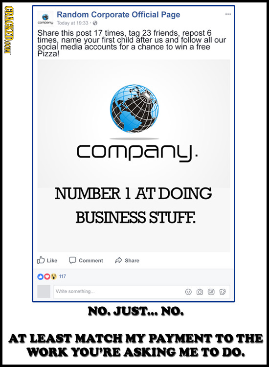 CRACKEDOON Random Corporate Official Page Today at 19:33 Share this post 17 times. tag 23 friends, repost 6 times. name your first child after us and