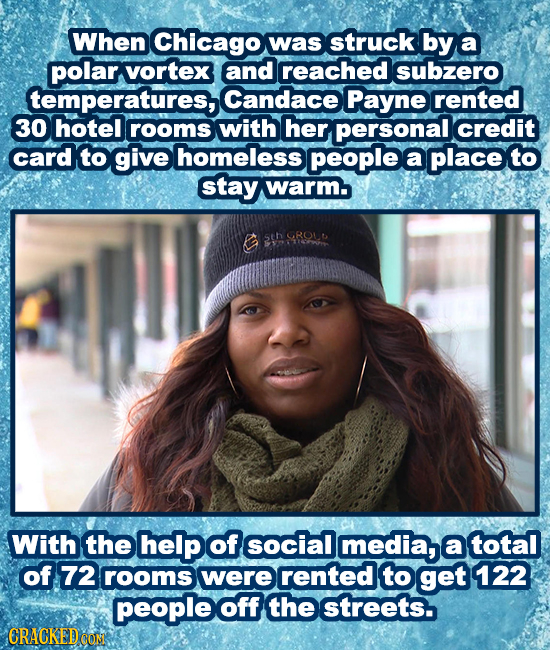 When Chicago was struck by a polar vortex and reached subzero temperatures, Candace Payne rented 30 hotel rooms with her personal credit card to give