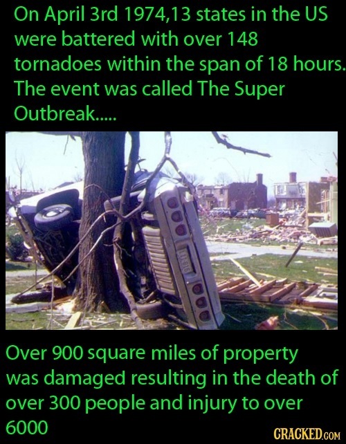 On April 3rd 1974,13 states in the US were battered with over 148 tornadoes within the span of 18 hours. The event was called The Super Outbreak.....