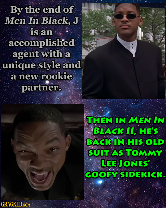 By the end of Men In Black, J is an accomplished agent with a unique style and a new rookie partnero THEN IN MEN IN BLACK Il, HE'S BACK IN HIS OLD SUI