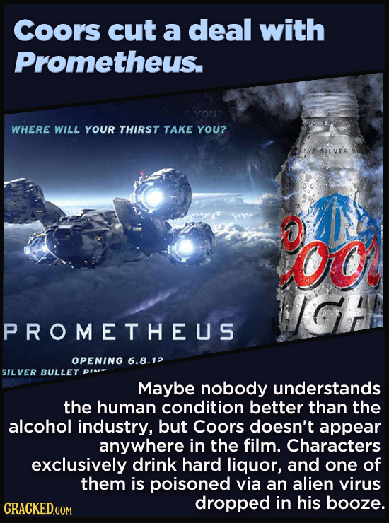 Terrible Movie Merchandise The Studios Didn't Think Through - Coors cut a deal with Prometheus.
