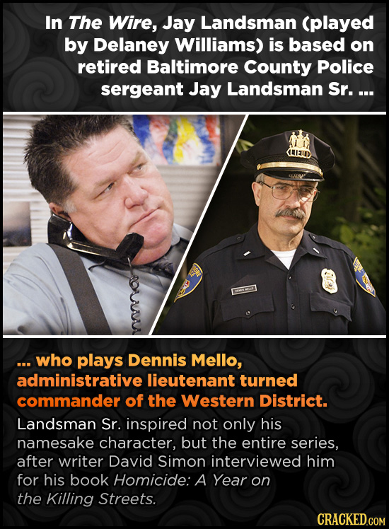 In The Wire, Jay Landsman (played by Delaney Williams) is based on retired Baltimore County Police sergeant Jay Landsman Sr. ... ...who plays Dennis M