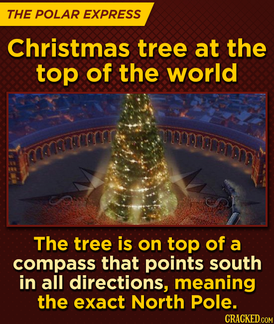 THE POLAR EXPRESS Christmas tree at the top of the world aemermmm EYesacrm The tree is on tOp of a compass that points south in all directions, meanin
